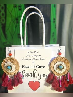 Tommy Bahama Red Tassel Raffia Flower Drop Earrings w JOHNNY WAS GIFT BAG!
